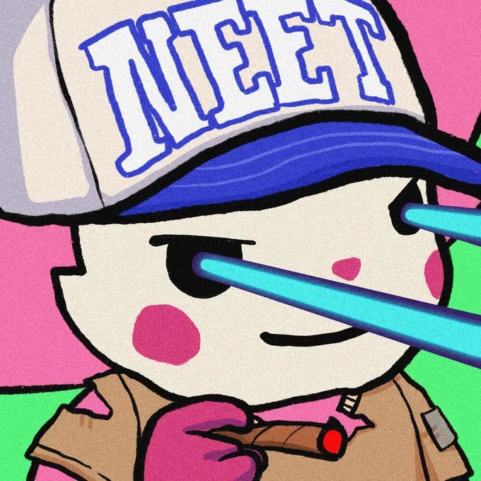 A cartoon character wearing a cap that reads 'NESET' with blue laser beams shooting from their eyes, holding a cigar against a pink and green background.