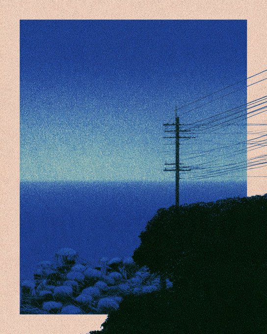 A moody, stylized illustration of an electrical transmission tower against a blue dusk sky overlooking the ocean and coastal rocks.
