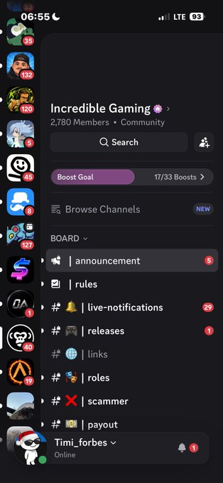 A mobile screenshot of the Discord app showing the 'Incredible Gaming' community server with 2,780 members, displaying various channels like announcements, rules, live-notifications, and releases.