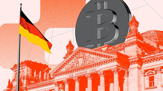The image features the German flag alongside a large Bitcoin symbol superimposed over the Reichstag building (the German parliament), with the inscription "DEM DEUTSCHEN VOLKE" visible on its facade, symbolizing Germany's potential new cryptocurrency tax legislation. The illustration visually represents the post's discussion about Germany's proposed 25% flat tax on crypto gains set to take effect after December 31, 2026.