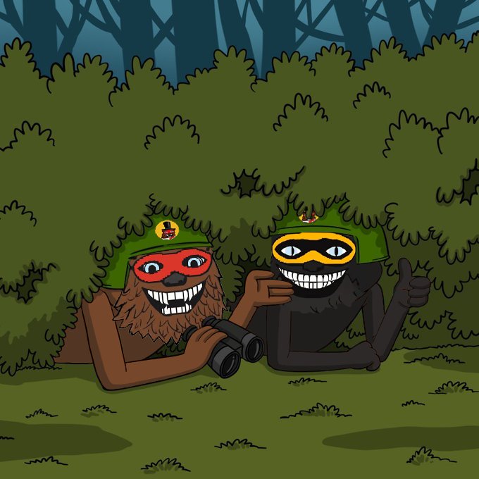 An illustration of two cartoon characters wearing green camouflage hats and masks, lying in a forest with one using binoculars and the other giving a thumbs up.