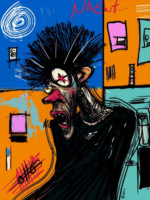 The image features a cartoon drawing of a man with spiky hair, wearing glasses and a black shirt. He appears to be sitting down or standing up, depending on the angle of the photo. The background includes an orange building and a pink building, adding color to the scene. The caption "GM" is written in red at the bottom right corner of the image.
