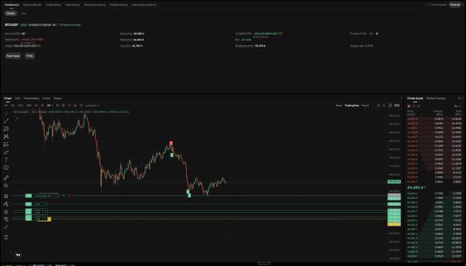 A cryptocurrency trading platform displays a BTCUSD chart on TradingView with a current price of $64,684.50, showing long positions of +10,960 (+1.24%) and an account value of $24,294.91, alongside various technical indicators and order book data on the right panel. The image visually reinforces the post's claim about a profitable Bitcoin trade by showcasing the significant gains from holding the long position.