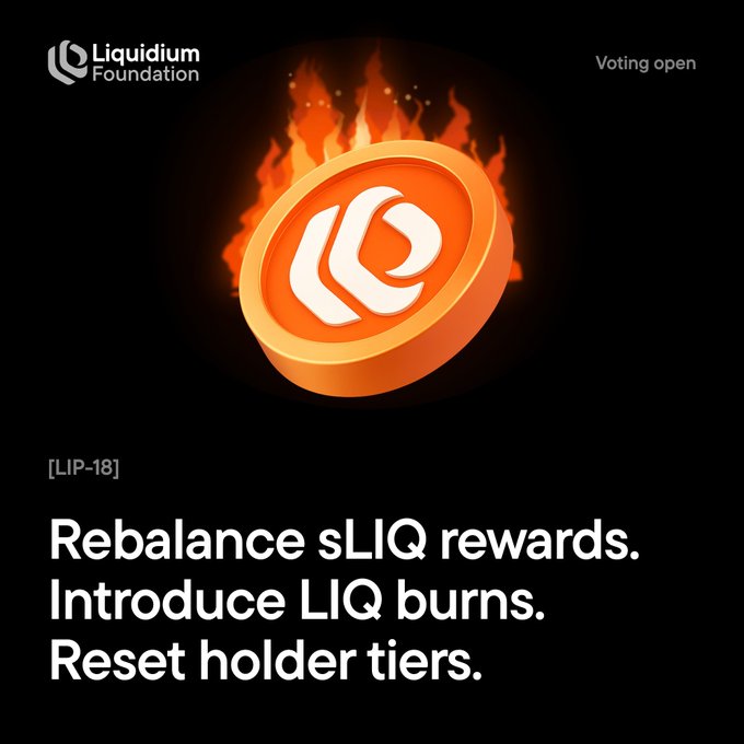 Liquidium Foundation voting graphic for “[LIP-18]” reading “Rebalance sLIQ rewards. Introduce LIQ burns. Reset holder tiers.” under a flaming LIQ coin logo.