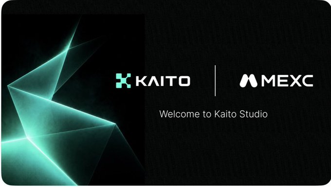 Kaito Studio welcome banner featuring the KAITO and MEXC logos with a geometric teal light design on a black background.