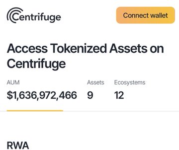The image shows a Centrifuge dashboard displaying "Access Tokenized Assets on Centrifuge" with current stats of $1,636,972,466 AUM, 9 Assets, and 12 Ecosystems. This visually reinforces the post's claim about Centrifuge's substantial AUM growth, contextualizing the news of NYLIM's upcoming $HYB fund launch as part of the platform's expanding institutional adoption.