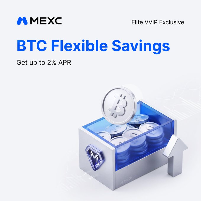 A promotional graphic for MEXC's "BTC Flexible Savings" program featuring the MEXC logo, an Elite VVIP Exclusive badge, and a 3D illustration of a treasure chest filled with Bitcoin coins with an upward arrow. The ad highlights up to 2% APR returns for VIP users, complementing the post's message about flexible bitcoin staking with no lock-up period.