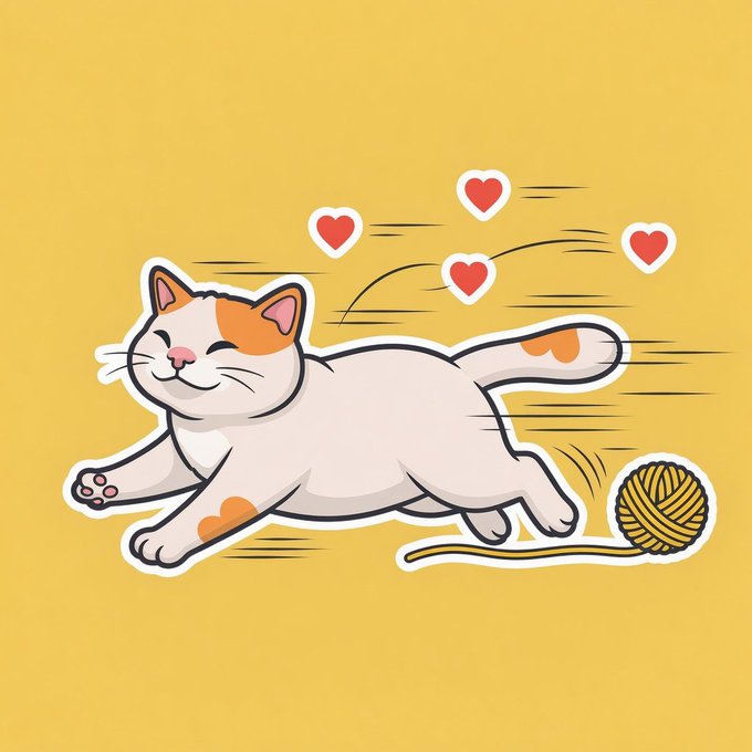 A cute cartoon illustration of a smiling white and orange cat chasing a yellow yarn ball with red hearts floating above on a yellow background.