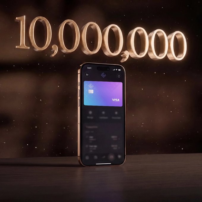 A smartphone displaying a Visa card app interface with '10,000,000' in large gold text above it against a dark, sparkly background.