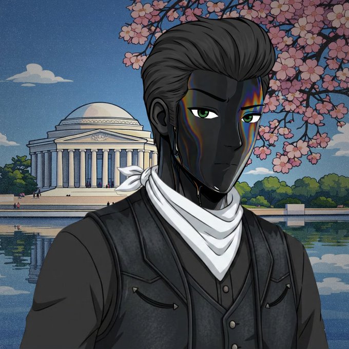 An anime-style portrait of a dark-haired character with glowing rainbow-colored cheeks wearing a black vest and white scarf, posed before the Jefferson Memorial with cherry blossoms overhead.