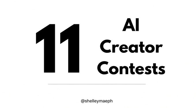A minimalist white background displays large black text reading "11 AI Creator Contests" with a small grey attribution to "@shelleymalph."
