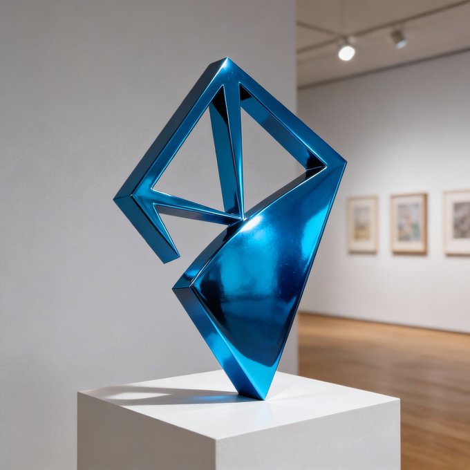 A striking geometric blue metallic sculpture displayed on a white pedestal in a gallery setting, its angular, faceted form suggesting the intersection of technology and artistry. The piece visually represents the fusion of digital creativity themes, with its modern, fragmented structure echoing how AI and blockchain are reshaping traditional notions of art ownership and creation.