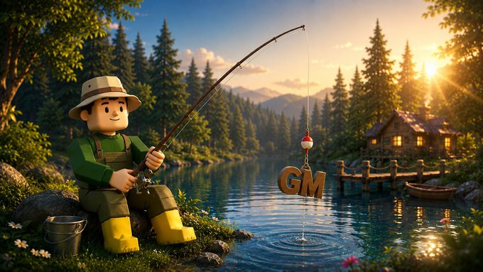 A 3D-animated character wearing a hat and overalls fishes by a scenic lake, with the letters 'GM' hanging from his fishing line.