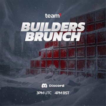 A promotional graphic for a Discord event titled 'team BUILDERS BRUNCH' scheduled for '3PM UTC 4PM BST' at '4 PM', featuring a snowy, blocky landscape with red glowing cubes.