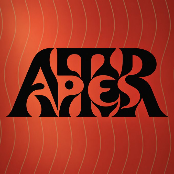 A psychedelic typographic design featuring the word 'AFTER' in bold, black, groovy lettering set against a red background with subtle vertical wavy lines.