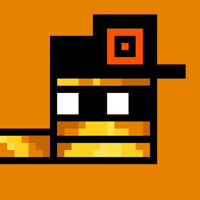 A pixel art character that resembles a wallet or building with a QR code on it, colored in black, orange, white, and yellow against an orange background.