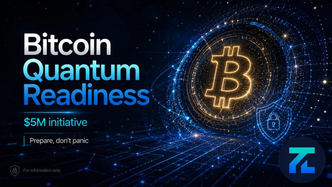 Promotional graphic reading 'Bitcoin Quantum Readiness, $5M initiative, Prepare, don't panic,' featuring a glowing Bitcoin symbol and a shield icon on a dark digital background.