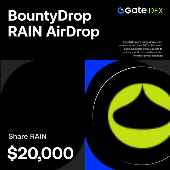 The image shows a poster for GateDex announcing their new Rain Airdrop feature, which allows users to transfer payments using an AirDrop protocol. They have stated that people can get $20,000 worth of currency by participating in this program. The poster features two shapes and yellow circles, with the text "Bounty Drop" written on one and "Rain Airdrop" on the other. 

The image also includes text instructions to follow to participate in the Rain Airdrop feature, which can be found below the main post. It is clear that the program offers an exciting opportunity for users who want to take advantage of a new method of payment.