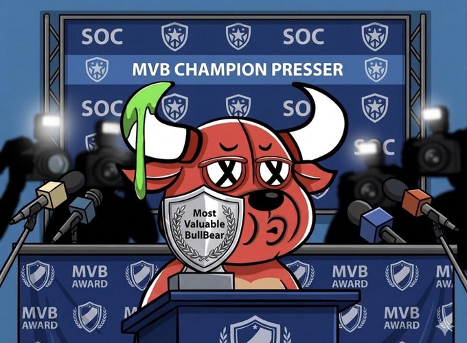 A cartoon illustration shows a red bull with 'X's for eyes and green slime dripping from its horn standing at a podium labeled 'Most Valuable BullBear', with a backdrop reading 'SOC MVB CHAMPION PRESSER' and surrounded by press cameras.