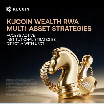 A KuCoin Wealth promotional graphic featuring a gold chess knight piece alongside a coin labeled "RWA" against a black background, with the headline "KUCOIN WEALTH RWA MULTI-ASSET STRATEGIES" and a subheading inviting users to "ACCESS ACTIVE INSTITUTIONAL STRATEGIES DIRECTLY WITH USDT," directly supporting the post's call to action to explore institutional Real World Asset strategies via kucoin.com/earn/wealth.