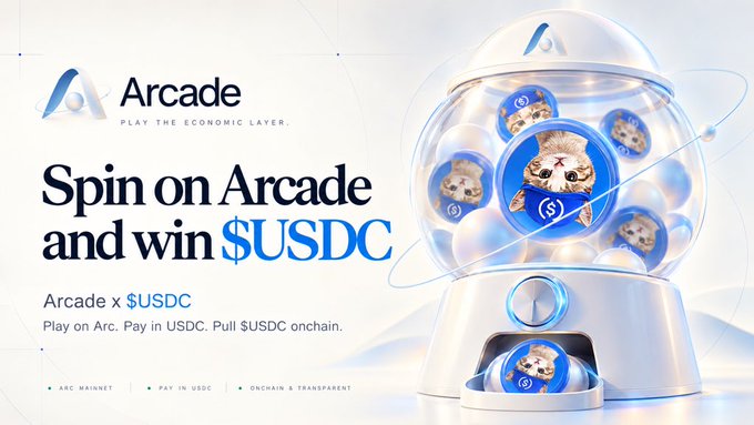 A promotional graphic for Arcade featuring the text "Spin on Arcade and win $USDC" alongside a gumball machine filled with tokens bearing cat illustrations.