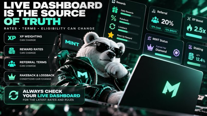 A promotional graphic with a cool green aesthetic reads 'LIVE DASHBOARD IS THE SOURCE OF TRUTH' alongside a teddy bear character and panels detailing rewards, referrals, and staking tiers.