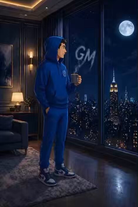 The image features a man standing in front of a window with his hands in his pockets while holding a cup of coffee. The background shows a city skyline at night, which includes the Empire State Building. The caption for the image reads "Gm Stay positive Work hard improve yourself every day Small progress, repeated consistently, creates extraordinary results $stkr mcap strong".