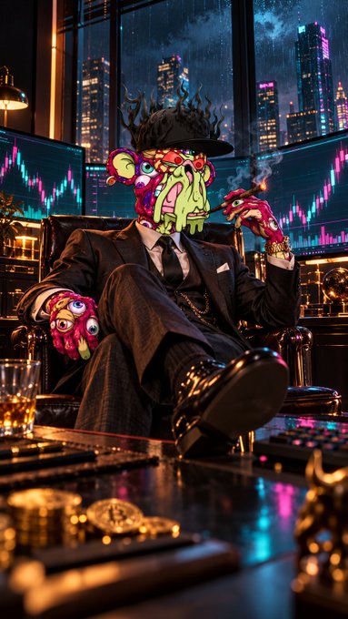 A surreal image of a figure in a suit smoking a cigar, featuring a colorful cartoon-style face and hands, seated in a luxurious office with neon city lights and financial charts in the background.