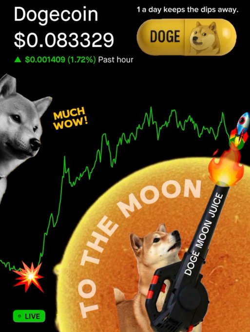 The image features a poster for Dogecoin with two dogs, one of which has a rocket above it that says "To The Moon Juice", indicating they are promoting an advertisement related to cryptocurrency or gaming. The text at the bottom of the image states "Dogecoin is in the today!".