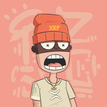 A cartoon illustration of a character wearing an orange 'XRP' beanie, sunglasses, and a gold chain against a pink background.