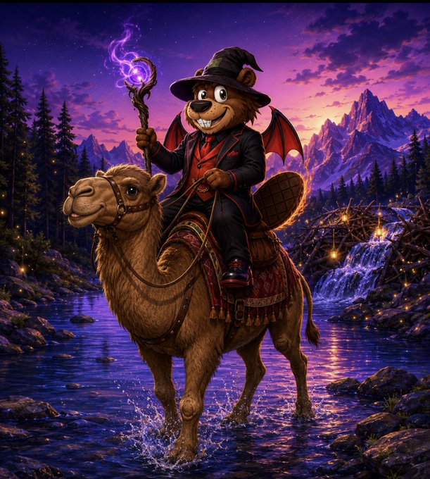 A fantasy illustration of a beaver dressed as a wizard in a black hat and red-lined cape, riding a camel through a river with purple magic emanating from its staff, set against a twilight mountain landscape.