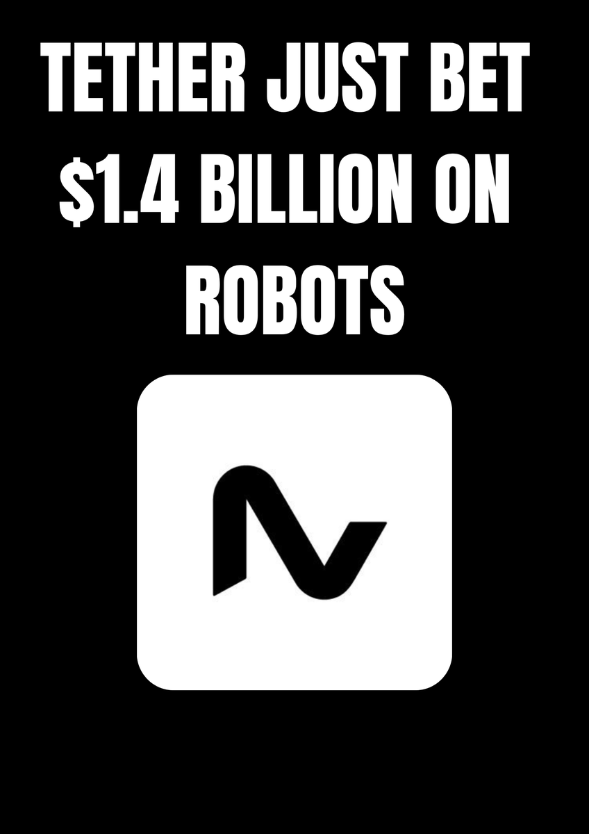 The image displays a black background with white text, which says "Tether Just Bet $1.4 Billion On Robots" above and "@NEURARobotics @Xmachina @NEURARobots". The post suggests that Tether is supporting robot banking or lending activities, as they just bet $1.4 billion on robots.