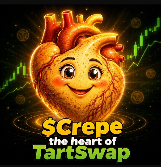 A smiling cartoon heart with anatomical features is displayed against a dark background with green candlestick charts, accompanied by the text "$Crepe - the heart of TartSwap," visually reinforcing the post's message that $Crepe is the central ("heart") token of the #TartSwap ecosystem.