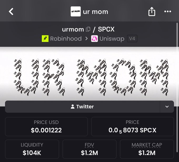 A cryptocurrency token page for 'ur mom' (SPCX), showing the word 'UNISWAP' formed by dancing figures, with a price of $0.001222, liquidity of $104K, and FDV of $1.2M.