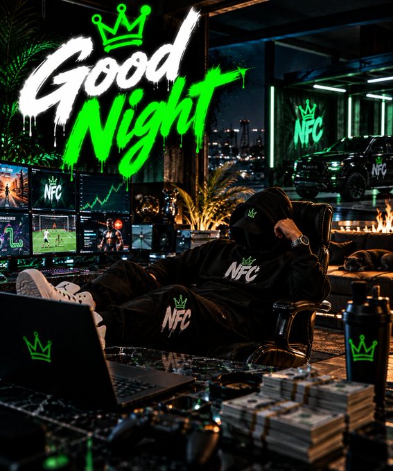 A stylized promotional graphic with neon green dripping text reading "Good Night" topped with a crown, showing a person in NFC hoodies lounging in a gaming setup with a city skyline at night.