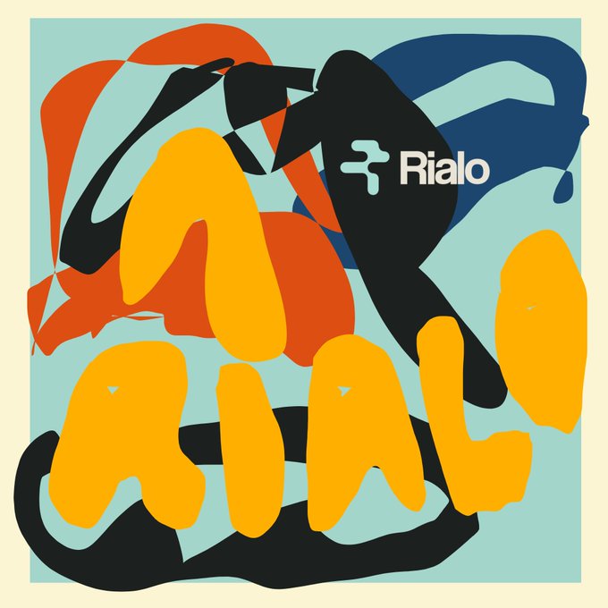 An abstract digital illustration with bold orange, yellow, black, and blue shapes, featuring the word 'Rialo' and a logo in the center.