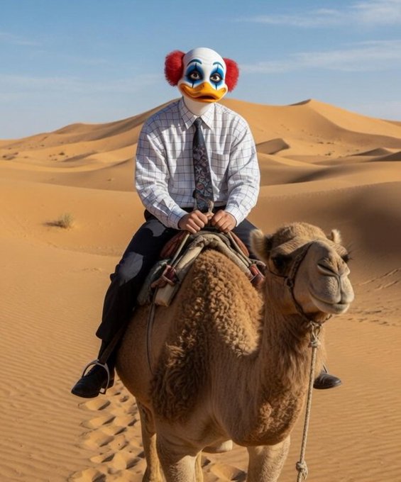 The image features a man dressed in a suit riding a camel through a desert setting, with a clown mask on his face. The man appears to be wearing a tie as well. The caption of the image reads "Happy Hump Day Quackers Midweek is where signal separates from noise Not the loud start, not the weekend finish, just steady participation, stacking value in silence Every Quack today is a small vote for where attention flows next on @wallchain keep it moving quackers".