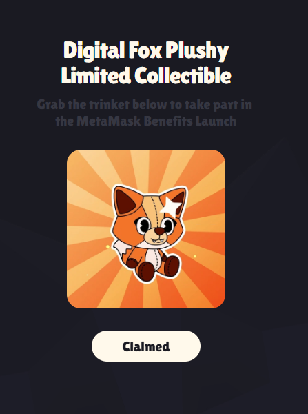 The image shows an advertisement for a limited edition digital fox plush toy. The text on the image reads "Digital Fox Plushy Limited Collectible" and "Claimed", indicating that someone has claimed this item as their own. The claim is made in the comments section of the image, which says "clicked here to claim your prize". The post also mentions a MetaMask launch event for the benefits of the MetaMasking network.