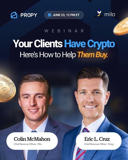 The image features two men wearing suits, both smiling and standing next to each other. They are positioned against a dark background with text that reads "Your clients already own crypto. The question is: can you help them buy more safely, compliantly, and without friction?". The image also includes the names of two people in the bottom right corner who appear to be promoting an event or webinar related to real estate investing.