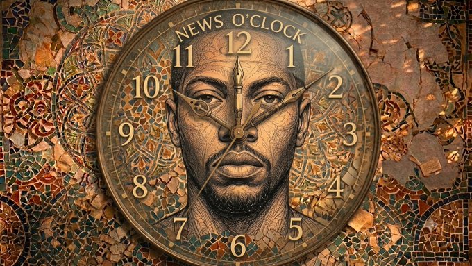 A bronze clock face featuring an intricate etched portrait of a man's face is mounted against a colorful mosaic background, with "NEWS O'CLOCK" displayed at the top and numerals 1-12 marking the hours, fitting the post's "News O'Clock" title for the update on Strategy challenging MSCI over treatment of companies holding large digital assets.