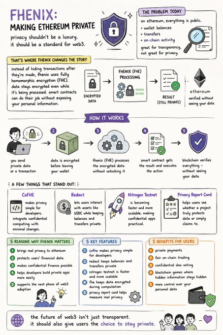 An infographic titled 'FHENIX: MAKING ETHEREUM PRIVATE' explaining how Fhenix uses Fully Homomorphic Encryption (FHE) to enable private smart contracts on Ethereum, highlighting features like CoFHE, Redact, Nitrogen Testnet, and a Privacy Report Card, with a closing message: 'the future of web3 isn't just transparent: it should also give users the choice to stay private.'