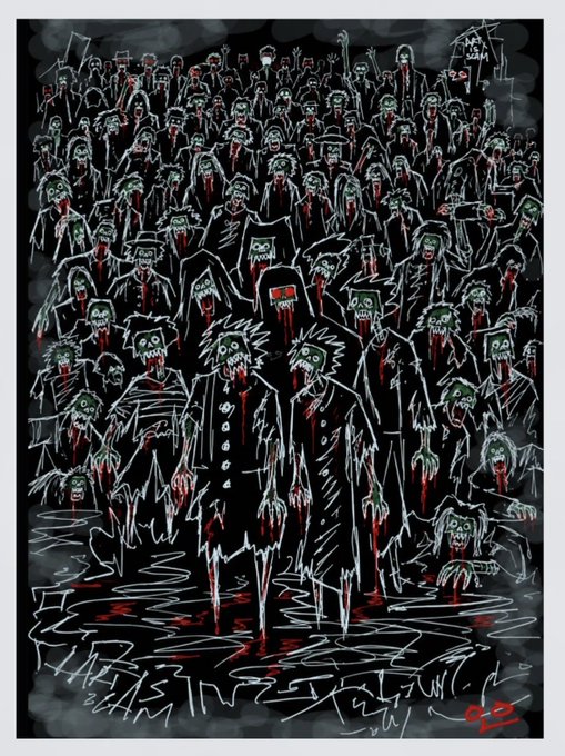 A dark, sketchy illustration depicts a horde of zombie-like figures in suits with greenish faces and red dripping details, standing in water with a city skyline in the background.