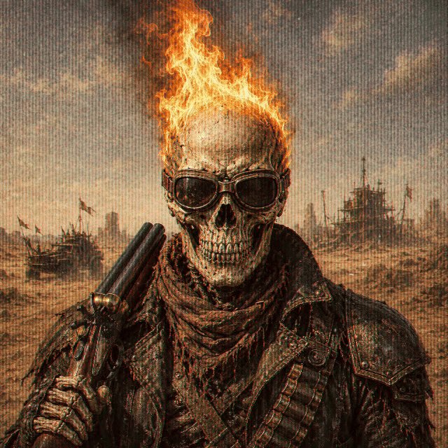 The image features a skull with sunglasses and goggles, holding a gun. The background shows a desert landscape with buildings scattered throughout. There are also several other people visible in the scene, possibly indicating an event or gathering taking place in this location.