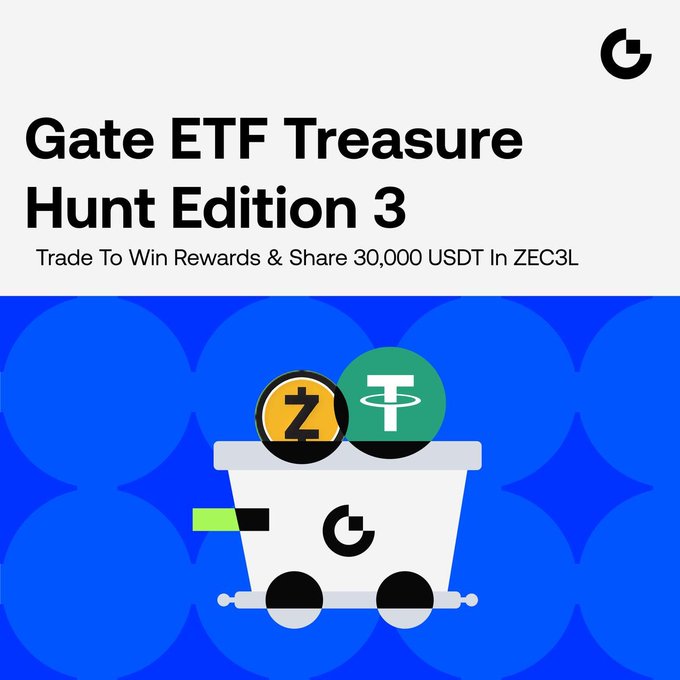 A promotional graphic for Gate ETF Treasure Hunt Edition 3, featuring the tagline "Trade To Win Rewards & Share 30,000 USDT In ZEC3L," with an illustration of a mining cart carrying ZEC (Zcash) and USDT tokens against a blue patterned background. The image visually reinforces the campaign's prize offerings and crypto trading incentive.