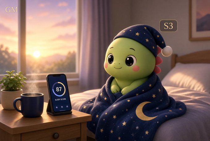 A 3D-rendered image of a green cartoon dinosaur wearing a blue starry nightcap and blanket, sitting on a bed next to a phone displaying a sleep score of 87 and a steaming coffee mug.