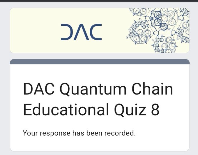 The image features a white sign with blue text that reads "@dac_chain Quiz 8 is Officially Live! Earn up to 40 Energy Points - 30 Energy Points for participation +10 Bonus Points for a perfect score". The sign also includes instructions on how to participate in the Quiz.