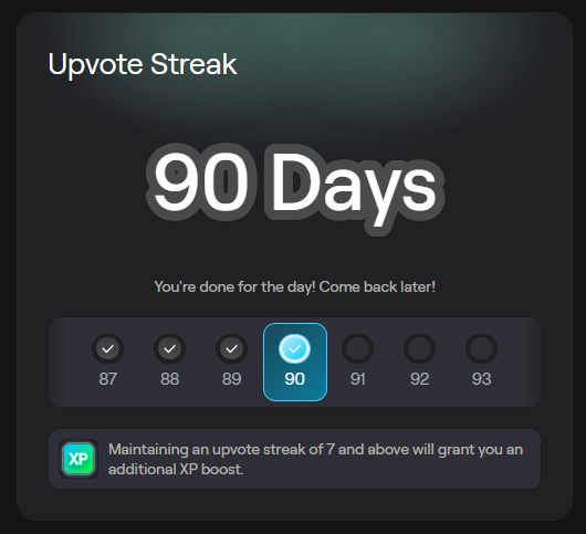 ursbote streak screen with a progress bar and text, displaying "90 days" and "You're done for the day! Come back later!"