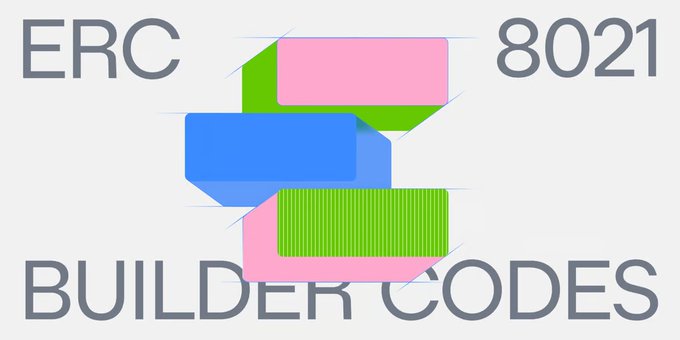 A graphic displays the text 'ERC 8021 BUILDER CODES' with abstract colorful geometric shapes in pink, green, and blue in the center.