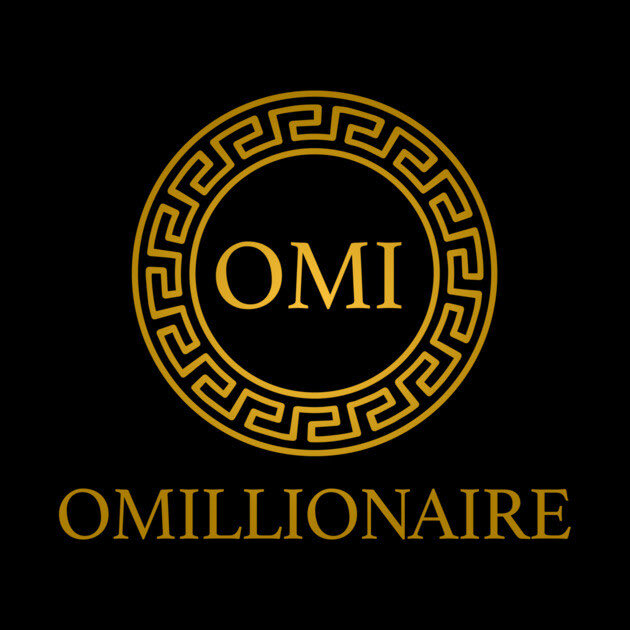 A black and gold logo featuring the text "OMI" inside a circular Greek key/meander pattern border, with "OMILLIONAIRE" displayed below in gold lettering. The luxurious, wealth-associated design reinforces the post's message positioning OMI as a deflationary asset meant to accumulate value over time, akin to a "millionaire maker" token.