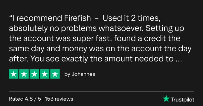 A Trustpilot review by Johannes rates Firefish 5 stars, praising its fast account setup, clear credit terms, and next-day fund deposits, with an overall rating of 4.8/5 from 153 reviews—supporting the post's claim about transparent, reliable Bitcoin-backed borrowing.